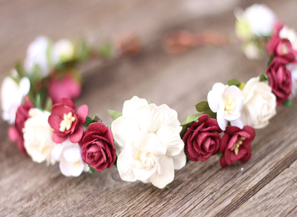 Wedding Flower Crown Burgundy Hair Wreath Ivory Marsala Floral Headpiece